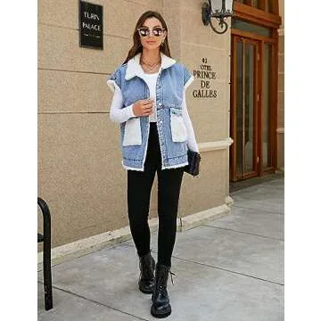 Shebote Womens Cozy Denim Vest with Sherpa Lining