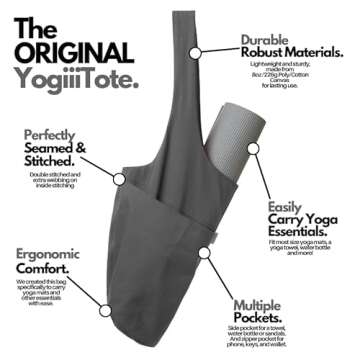 Yogiii Yoga Mat Bag | The ORIGINAL YogiiiTote Yoga Bag | Sling Yoga Tote w/Large Side Pocket & Zipper Pocket | Yoga Mat Carrier Fits Most Size Mats (Ash Gray)