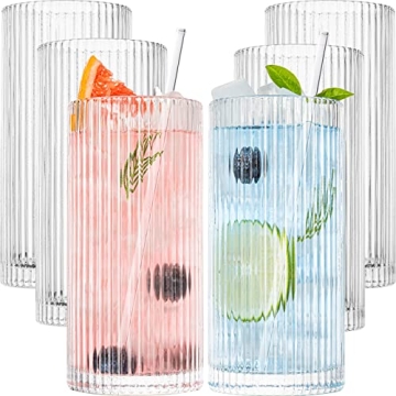 Claplante Drinking Glasses, Origami Style 6 pcs Glass Cups with straw, 12oz Highball Glasses, Elegan...