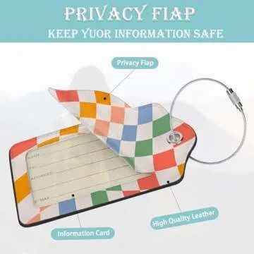 Checkered Luggage Tag,Colorful Retro Wavy Luggage Tags of Set 2 Leather Identifiers Privacy Cover wi...