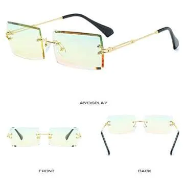 LASPOR 2 Pack Rectangle Rimless Sunglasses for Men Women Vintage Retro Square Gold Metal Frameless Glasses Tinted Lens（Green + Yellow）