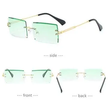 LASPOR 2 Pack Rectangle Rimless Sunglasses for Men Women Vintage Retro Square Gold Metal Frameless Glasses Tinted Lens（Green + Yellow）