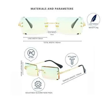 LASPOR 2 Pack Rectangle Rimless Sunglasses for Men Women Vintage Retro Square Gold Metal Frameless Glasses Tinted Lens（Green + Yellow）