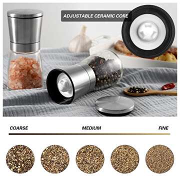 VEVOK CHEF Salt and Pepper Grinder Set Stainless Steel Adjustable Coarseness Ceramic Pepper Mill Sal...