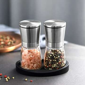 VEVOK CHEF Salt and Pepper Grinder Set Stainless Steel Adjustable Coarseness Ceramic Pepper Mill Salt Crusher with Silicone Tray Salt and Pepper Shaker Spice Grinder Kitchen