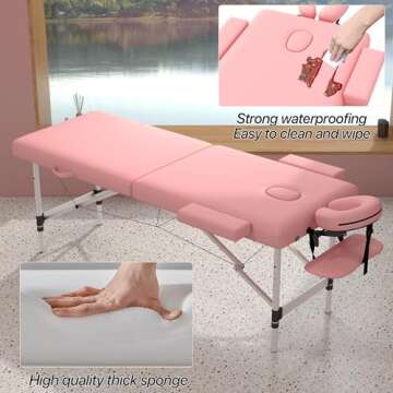 Homedraft Massage Table Massage Bed, Portable 2 Section Foldable Tattoo Bed, Height Adjustable Spa Lash Bed with Face Cradle, Home Light Weight Facial Salon Bed with Aluminum Frame, Light Pink