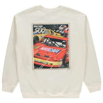 NASCAR Vintage Daytona 500 Sweatshirt Racing Mens Embroidered Chenille Crewneck Sweatshirt (Ivory, X...
