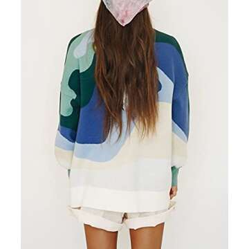 MISSACTIVER Women Casual Knitted Mock Neck Sweater Print Colorblock Long Sleeve Loose Fit Pullover K...