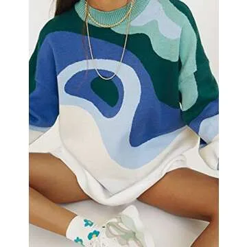 MISSACTIVER Women Casual Knitted Mock Neck Sweater Print Colorblock Long Sleeve Loose Fit Pullover Knitwear(Medium,Blue)