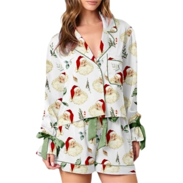 Cute Christmas Pajamas Set for Women Bow Tie Long Sleeve Shirt Ruffle Shorts 2 Piece Outfit Silk Sat...