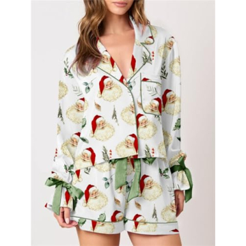 Cute Christmas Pajamas for Women Long Sleeve Bow Shorts Set