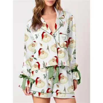 Cute Christmas Pajamas for Women Long Sleeve Bow Shorts Set