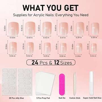 Short Press on Nails Pink, Glossy Acrylic Fake Nails Natural, 24pcs False Nails with Designs, Glue on Nails for Women Art Kit