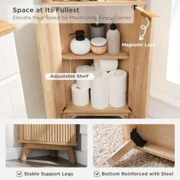 T4TREAM Fluted Corner Cabinet, 68" Tall Modern Storage Cabinet with Faux Marble Top and Adjustable Shelves, Curved Profile Bookshelf for Bathroom, Kitchen, Living Room, Dining Room, Natural Oak