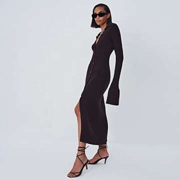 Women Button Down Knit Sweater Long Dress Vintage Long Sleeve V Neck Split Dress Casual Cardigan Outwear Sweater (Dark Coffee,S)