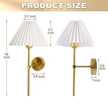 aokinround Plug in Dimmable Wall Sconces Set of Two, White Fabric Shade Wall Lamp with 6ft Hardwire in Cord, Indoor Wall Light for Bedroom Living Room Hallway Fixture, Antique Brass Lights.