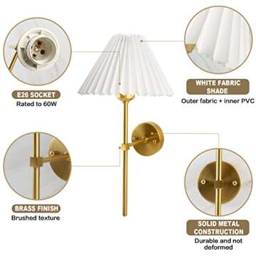 aokinround Plug in Dimmable Wall Sconces Set of Two, White Fabric Shade Wall Lamp with 6ft Hardwire in Cord, Indoor Wall Light for Bedroom Living Room Hallway Fixture, Antique Brass Lights.