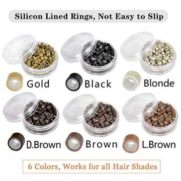 Microlinks Hair Extensions Kit Tool with 4 in 1 Metal Loop Threader Needle, Hair Extension Plier, 6 Colors of 3mm Silicone Microlink Beads for Hair Extension