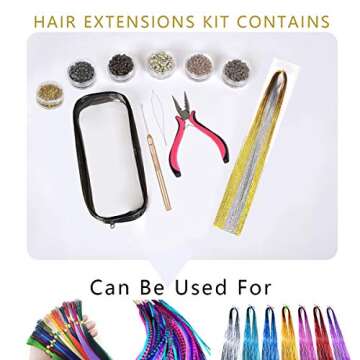 Microlinks Hair Extensions Kit Tool with 4 in 1 Metal Loop Threader Needle, Hair Extension Plier, 6 Colors of 3mm Silicone Microlink Beads for Hair Extension