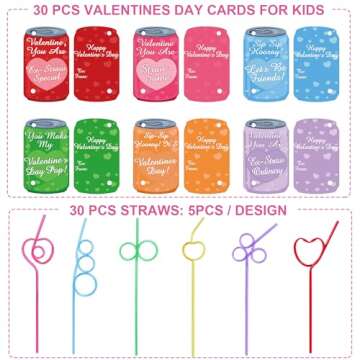 30 Pack Crazy Straws Valentines Day Cards, Valentines Day Gifts for Kids Classroom School Valentines...