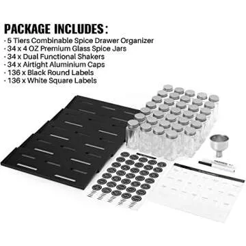 MIUKAA 5 Tier Black Metal Spice Drawer Organizer with 34 Spice Jars, 372 Named Labels, Shake Lids and Airtight Aluminium Caps