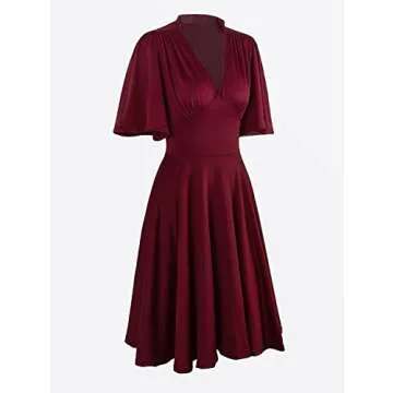 Vijiv Womens 1920s Vintage V Neck Rockabilly Swing Dress - Burgundy
