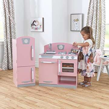 KidKraft Retro Wooden Play Kitchen and Refrigerator 2-Piece Set with Faucet, Sink, Burners and Working Knobs, Pink, Gift for Ages 3+