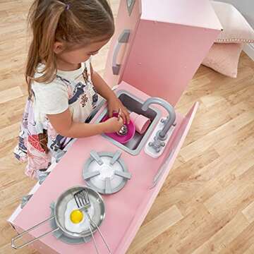 KidKraft Retro Wooden Play Kitchen and Refrigerator 2-Piece Set with Faucet, Sink, Burners and Working Knobs, Pink, Gift for Ages 3+