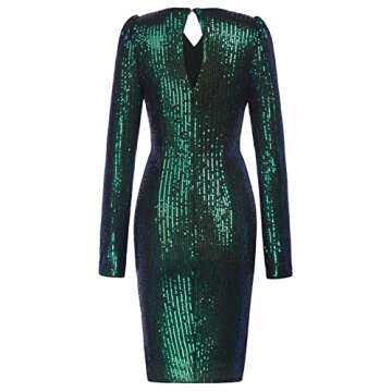 KANCY KOLE Sequin Bodycon Dresses for Women Long Sleeve V Neck Sparkly Cocktail Dress M Dark Green