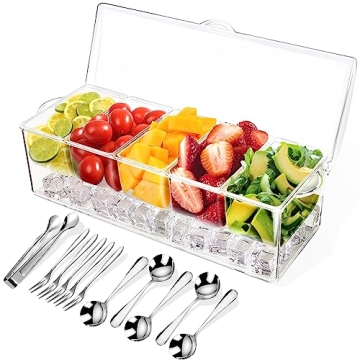 Condiment Tray with Stainless Steel 5 Spoons, 5 Forks and 1 Clip, Chilled Condiment Server, Condimen...