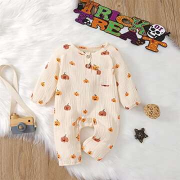 Halloween Baby Boy Girl Outfit Pumpkin Long Sleeve Onesie Romper Jumpsuit Halloween Clothes Girl Boy (Beige,6-12 Months)