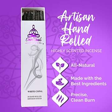 OneSoul Collection White Copal Incense Sticks, Natural Incense Sticks, Insence-Sticks for Aromatherapy, Hand-Rolled Artisan Meditation Incense, Spiritual Gift, 1-Hour Burn Time, 6 Inches, Pack of 20