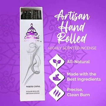 OneSoul Collection White Copal Incense Sticks, Natural Incense Sticks, Insence-Sticks for Aromatherapy, Hand-Rolled Artisan Meditation Incense, Spiritual Gift, 1-Hour Burn Time, 6 Inches, Pack of 20