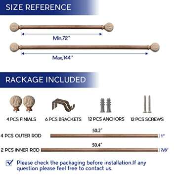 Adjustable Wood Curtain Rods 72" to 144" for Any Room