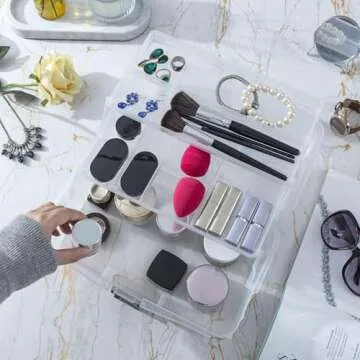 MyGift 13 Inch Transparent Plastic Empty Multipurpose Storage Box with Gray Handle, Latching Lid and 2 Expandable Trays for Tools, First Aid, Sewing Kit, Arts Crafts Supplies