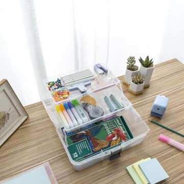 MyGift 13 Inch Transparent Plastic Empty Multipurpose Storage Box with Gray Handle, Latching Lid and 2 Expandable Trays for Tools, First Aid, Sewing Kit, Arts Crafts Supplies