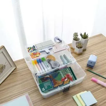 MyGift 13 Inch Transparent Plastic Empty Multipurpose Storage Box with Gray Handle, Latching Lid and 2 Expandable Trays for Tools, First Aid, Sewing Kit, Arts Crafts Supplies