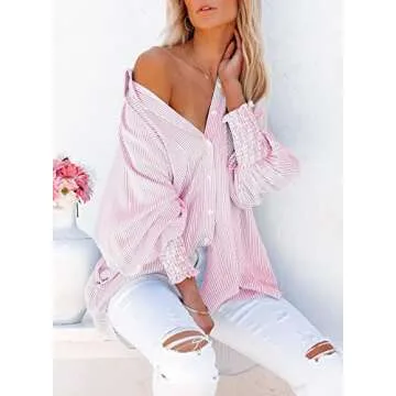 Womens Smocked Cuffed Striped Boyfriend Shirt Casual Collar Long Sleeve Oversized Button Down Blouse Tops with Pocket Shirred Pink