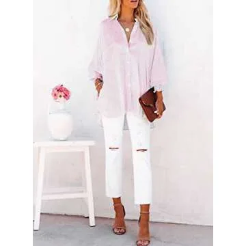 Womens Smocked Cuffed Striped Boyfriend Shirt Casual Collar Long Sleeve Oversized Button Down Blouse Tops with Pocket Shirred Pink
