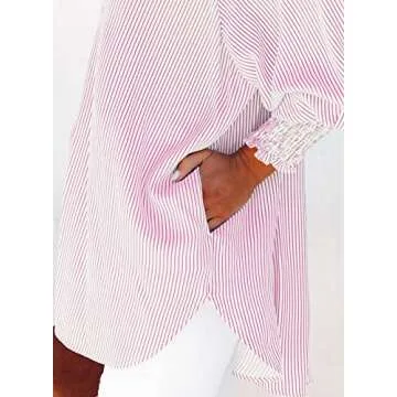 Womens Smocked Cuffed Striped Boyfriend Shirt Casual Collar Long Sleeve Oversized Button Down Blouse Tops with Pocket Shirred Pink