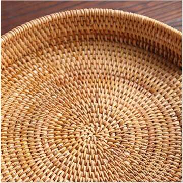 Rattan Round Serving Tray, Decorative Coffee Table Tray, Ottoman Tray, Hand Woven Serving Basket wit...