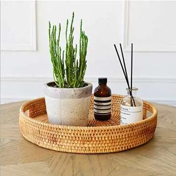 Rattan Round Serving Tray, Decorative Coffee Table Tray, Ottoman Tray, Hand Woven Serving Basket with Handles, Wicker Fruit/Bread Serving Basket, 11.8 inch