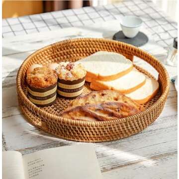 Rattan Round Serving Tray, Decorative Coffee Table Tray, Ottoman Tray, Hand Woven Serving Basket with Handles, Wicker Fruit/Bread Serving Basket, 11.8 inch