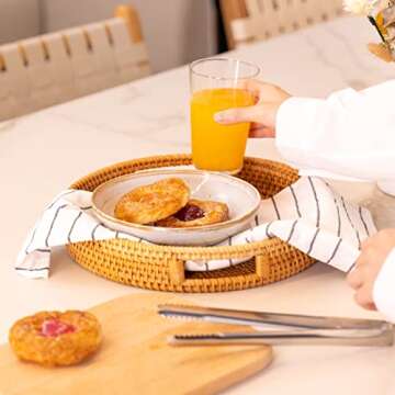 Rattan Round Serving Tray, Decorative Coffee Table Tray, Ottoman Tray, Hand Woven Serving Basket with Handles, Wicker Fruit/Bread Serving Basket, 11.8 inch