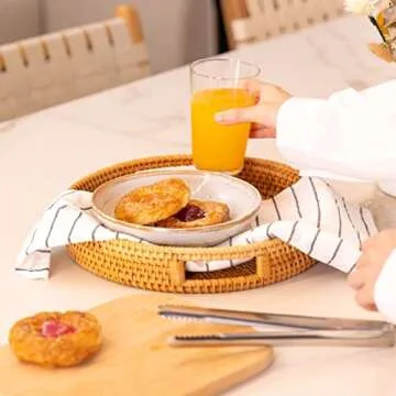 Rattan Round Serving Tray, Decorative Coffee Table Tray, Ottoman Tray, Hand Woven Serving Basket with Handles, Wicker Fruit/Bread Serving Basket, 11.8 inch