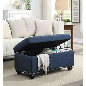 Convenience Concepts Designs4Comfort 7th Avenue Storage Ottoman 35.5" - Contemporary Foot Stool and Bench with Hinged Lid for Living Room, Dining Room, Office, Den, Blue Fabric