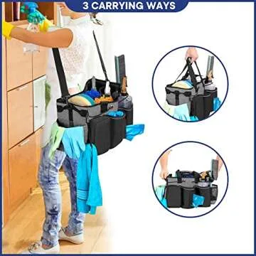 LoDrid Large Professional Cleaning Caddy with Detachable Divider, Supply Organizer with Handle and Shoulder Strap, Cleaning Bags for Housekeepers & Cleaners, Black