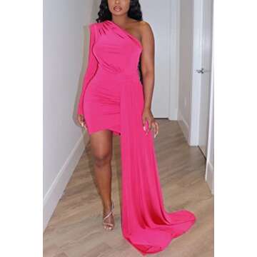 Women's One Shoulder Ruched Irregular Dress Sexy Date Night Party Dresses Long Sleeve Bodycon Mini Dress Pink S