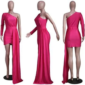 Women's One Shoulder Ruched Irregular Dress Sexy Date Night Party Dresses Long Sleeve Bodycon Mini Dress Pink S