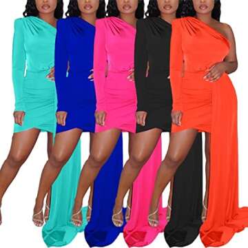 Women's One Shoulder Ruched Irregular Dress Sexy Date Night Party Dresses Long Sleeve Bodycon Mini Dress Pink S